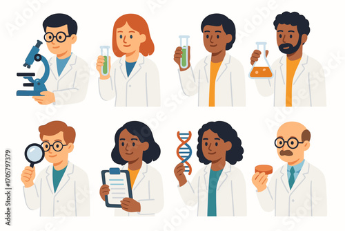 Science professions flat icon set. featuring scientist, researcher, laboratory, experiment, microscope, and dna symbols