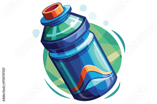 Cartoon Styled Water Bottle with Green Background and Splashes of Light Blue
