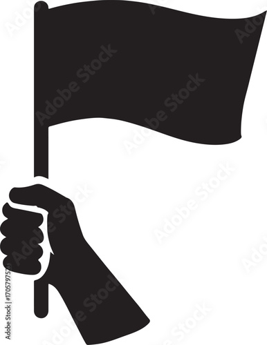 Hand holding flag silhouette icon representing patriotism, protest, activism, and celebration.
