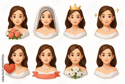Wedding bride flat icons set. featuring bouquet, veil, crown, heart, banner, and flower symbols