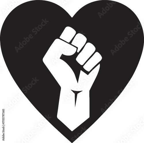 Heart with raised fist inside silhouette icon symbolizing love, strength, activism, and solidarity.