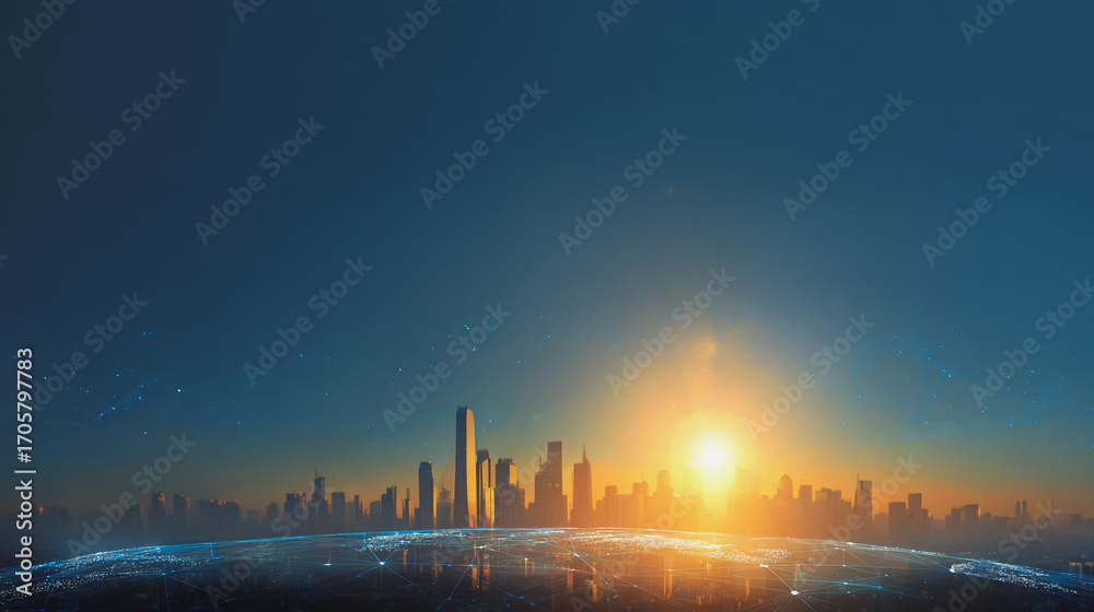 Fototapeta premium Sunshine in the Smart digital Innovation city with connection network reciprocity over the cityscape. of future smart wireless digital city and social media networking systems that connects people