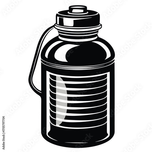 Monochrome Illustration of a Water Bottle with a Connected Strap and Ribbed Design
