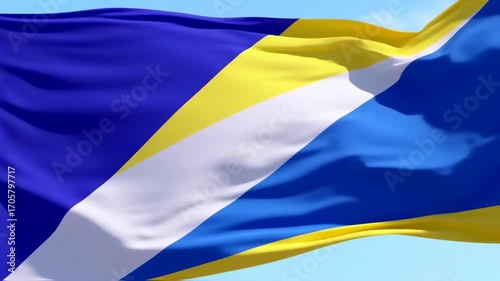 Diagonal striped flag with blue, yellow, and white colors