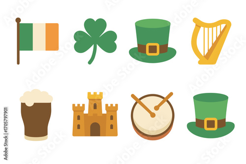 St. patrick's day flat icon set. featuring flag, shamrock, hat, harp, beer, castle, drum, and leprechaun symbols