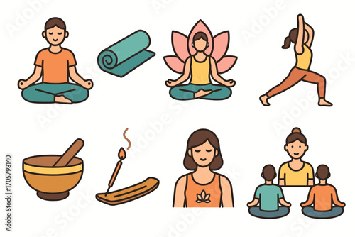 Yoga and meditation flat icon set. featuring meditation, yoga pose, lotus, yoga mat, singing bowl, incense