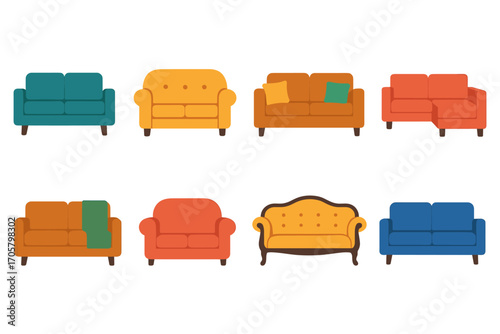 Furniture flat icon set. featuring sofa, couch, settee, loveseat, and divan designs