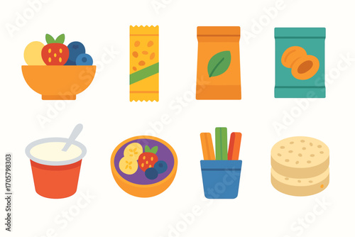 Snack and breakfast flat icon set. featuring cereal, granola, tea, dried fruit, yogurt, fruit bowl, veggie stick, rice cake