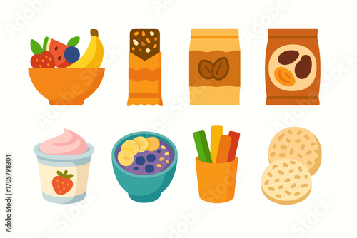 Healthy snacks flat icon set. featuring fruit, granola bar, coffee, dried fruit, yogurt, smoothie, veggie sticks, crackers
