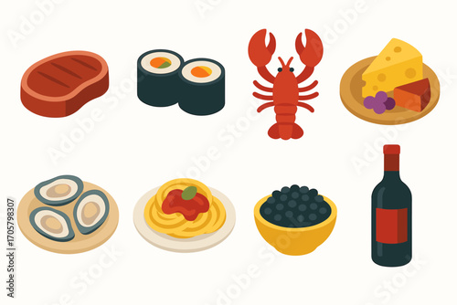 Gourmet food flat icon set. featuring steak, sushi, lobster, cheese, oysters, pasta, caviar, and wine.