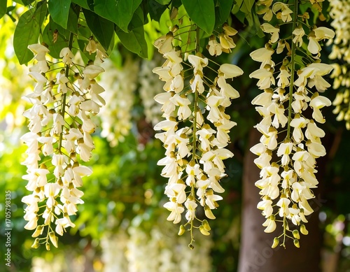 Delicate, cascading clusters of pale yellow-white flowers hang from branches,  lush green foliage surrounds