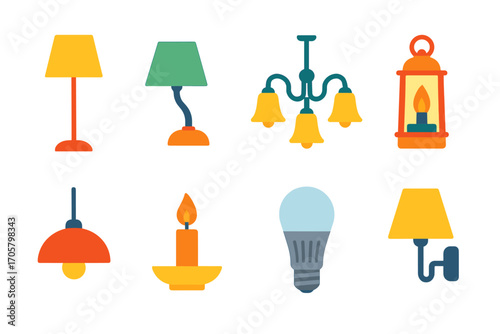 Home lighting flat icon set. featuring floor lamp, table lamp, chandelier, lantern, pendant, candle, bulb, wall lamp