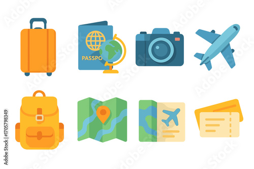 Travel and adventure flat icon set. featuring suitcase, passport, camera, airplane, backpack, map, and tickets