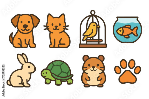 Pets flat icon set. featuring dog, cat, bird, fish, rabbit, turtle, hamster, and paw symbols