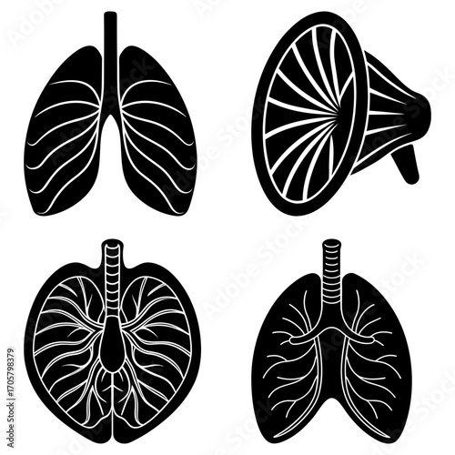 Four black and white anatomical drawings of lungs and a megaphone in a simple graphic style