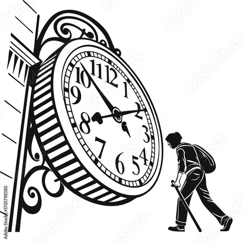 Monochrome Illustration Depicting a Person by a Large Clock Tower Symbolizing Time