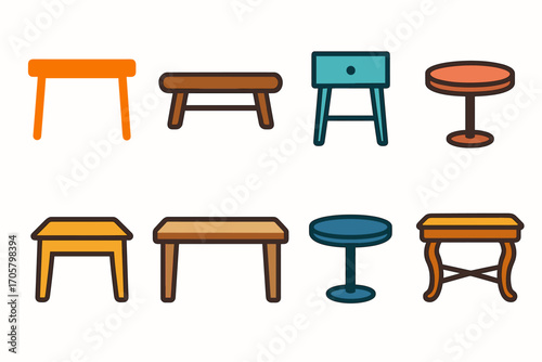 Furniture flat icon set. featuring table, desk, coffee table, nightstand, dining table, side table