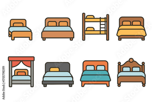 Furniture flat icon set. featuring single bed, double bed, bunk bed, king bed, canopy bed, sleigh bed symbols