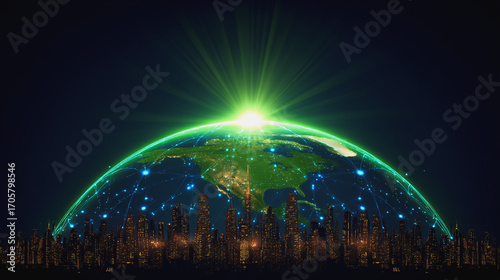 Sunshine in the Smart digital Innovation city with connection network reciprocity over the cityscape. of future smart wireless digital city and social media networking systems that connects