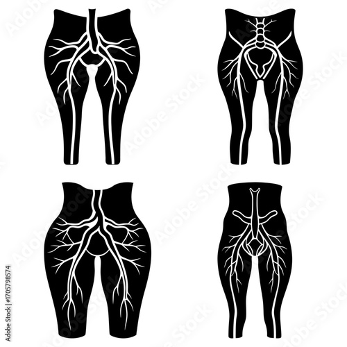 Anatomical illustrations of human legs showing blood vessels and circulatory system in black and white