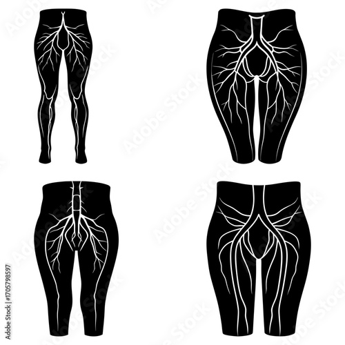 Anatomical illustration showing the blood vessel structure of human legs in black and white image style