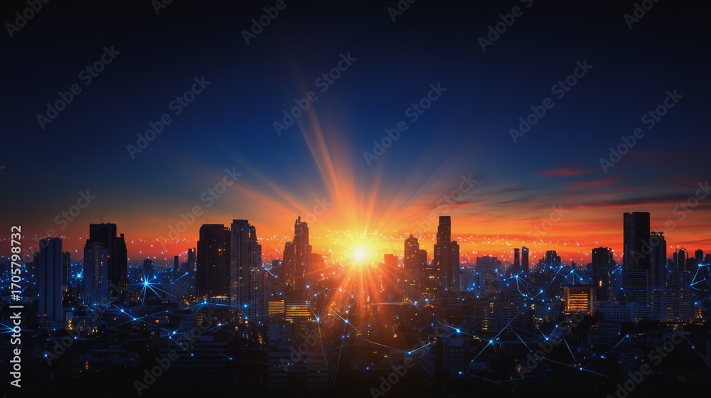 Obraz premium Sunshine in the Smart digital Innovation city with connection network reciprocity over the cityscape. of future smart wireless digital city and social media networking systems that connects