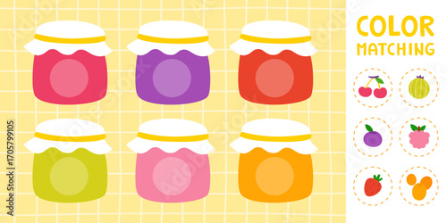 Color match mini game with jam jar and berries. Cute educational game for kids.