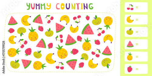 Kids counting mini game with cute fruits and berries. Kawaii food game for children.