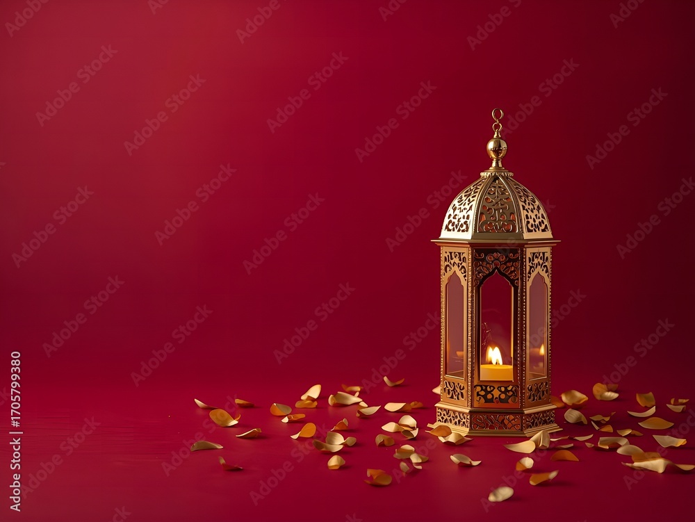 Fototapeta premium Celebrate Ramadan with golden lantern and petals against rich red background for warm greetings