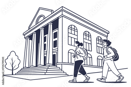 Students Walking Toward School Building Illustration with Classical Architectural Design and Tree