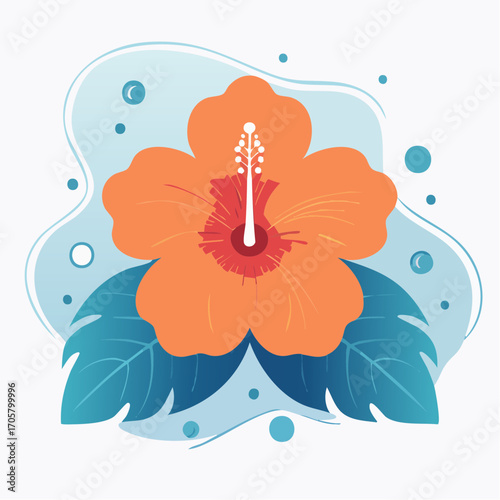 Orange Hibiscus Flower with Teal Leaves on Light Blue Background