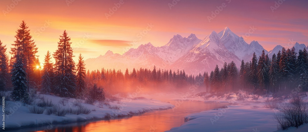 Fototapeta premium A serene winter landscape featuring snow-covered mountains, evergreen trees, and a winding river under a colorful sunrise sky.