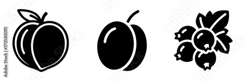 Monochromatic Stylized Fruit Icon Collection with Peach, Plum, and Berries