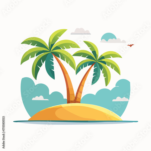 Tropical Island With Two Palm Trees And Clouds