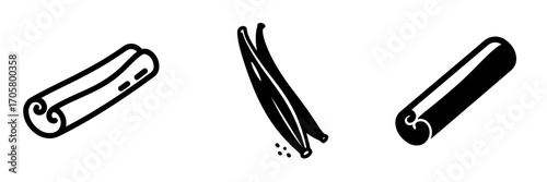 Monochrome Icons of Cinnamon Sticks and Vanilla Pods in Outlined and Solid Styles