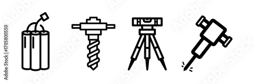 Minimalist Line Art Icons of Construction and Surveying Equipment on White Background