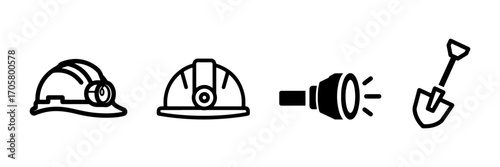 Mining and Construction Tools Icon Set with Hard Hats, Headlamp, Flashlight, and Shovel