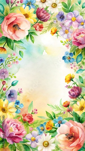 Vibrant watercolor floral border, featuring a diverse array of blooming flowers in a cheerful, romantic style, perfect for invitations, cards, and spring-themed designs, offering a bright