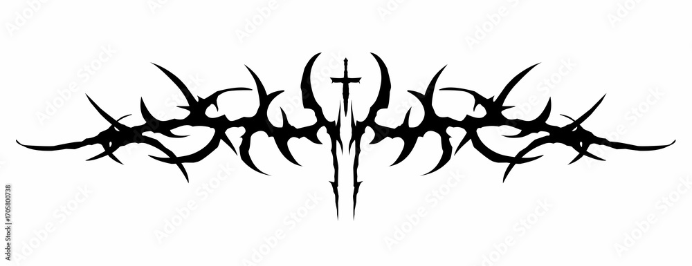 Naklejka premium Abstract neo tribal cyber gothic symmetrical shapes vector design for tattoo ideas, streetwear t-shirt print dark apparel 