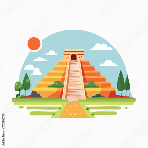 Ancient Mayan Pyramid At Sunset With Lush Greenery