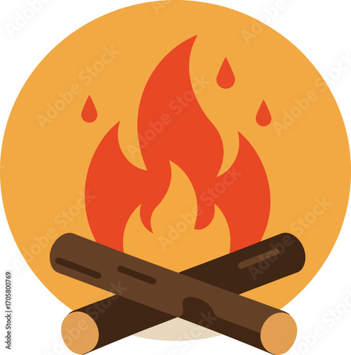 Campfire Badge Icon - Flat Bonfire with Crossed Logs and Flame on Round Background, Outdoor Camping Logo Sticker Emblem for Travel Adventure Scouts and Hiking, Vector Illustration