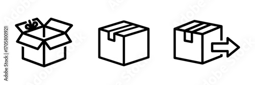Minimalist Line Art Package Icons Set with Open Box, Closed Parcel, and Shipping Arrow