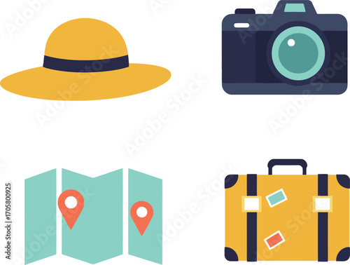 Travel Icons Set - Camera Map Suitcase and Sun Hat Color Vector Clipart