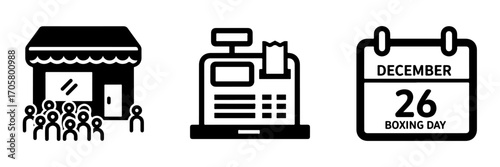 Monochromatic Flat Design Icons of Boxing Day Retail Sales Event with Storefront, Cash Register, and Calendar
