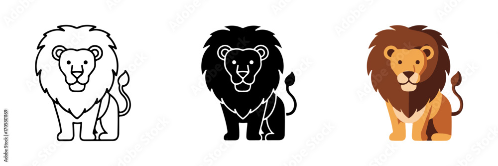 Three Stylized Lion Illustrations in Outline, Silhouette, and Flat Design Styles on White Background Three Stylized Lion Illustrations in Outline, Silhouette, and Flat Design Styles on White Background