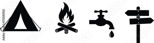 Camping Icons Set - Tent Campfire Water Tap Signpost Black Glyph Vector