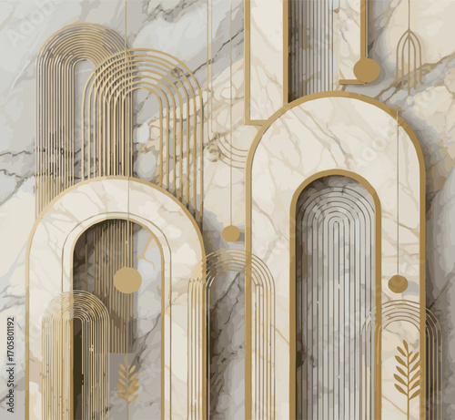 Abstract Geometric Arches with Marble Background and Gold Accents. A modern artistic wall mural combining clean lines and rich textures for a sophisticated and elegant interior