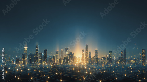 Wallpaper Mural Sunshine in the Smart digital Innovation city with connection network reciprocity over the cityscape. of future smart wireless digital city and social media networking systems that connects  Torontodigital.ca