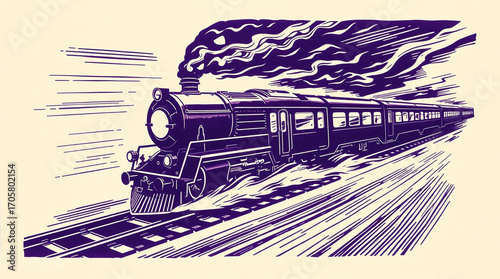 vintage print of steam locomotive express in dynamic motion, featuring smoke trails and train tracks