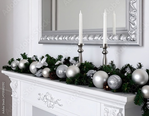 Silver Christmas mantel decor with candles and ornaments